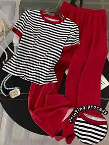 SHEIN Plus Size Summer Casual Striped T-Shirt And Pants 2 Pieces Set Brunch Sports White Red - Multicolor - View 1