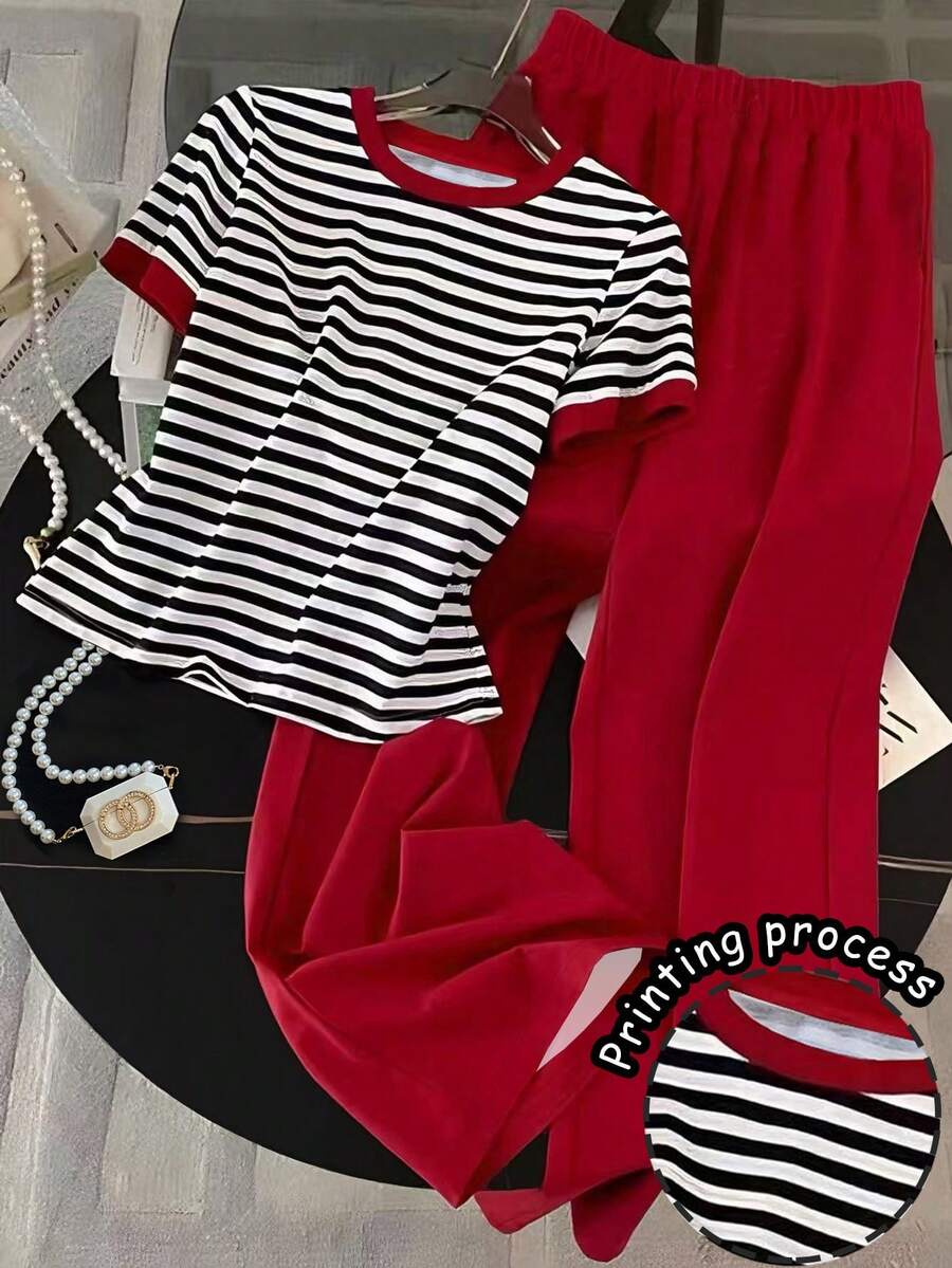 SHEIN Plus Size Summer Casual Striped T-Shirt And Pants 2 Pieces Set Brunch Sports White Red - Multicolor - View 1