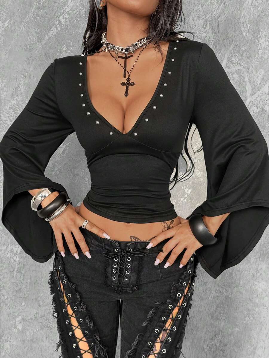 Coolane Women's Autumn Street Punk Party Deep V-Neck Studded Decor 9-Point Flared Sleeve Fitted Versatile Top - Black - View 1