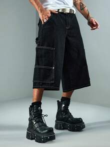 ROMWE MEN Men's Loose Fit Cargo Denim Shorts - Black - View 4