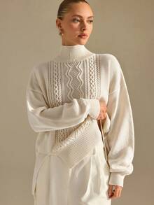 CLARA VERO Turtleneck Split Hem Cable Sweater, Loose Fit, Daily Or Cozy, Chunky Cable Knit, High Neck - White - View 4