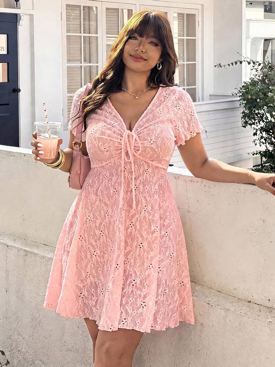 SHEIN EZwear 大尺碼夏季休閒純色紋理洋裝 - 粉色 - 查看 1