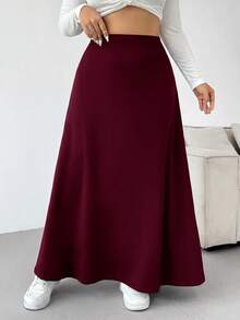 SHEIN EZwear 大尺碼休閒傳統優雅百搭純色長裙 正式派對酒紅色 秋冬款 - 酒紅色 - 查看 6