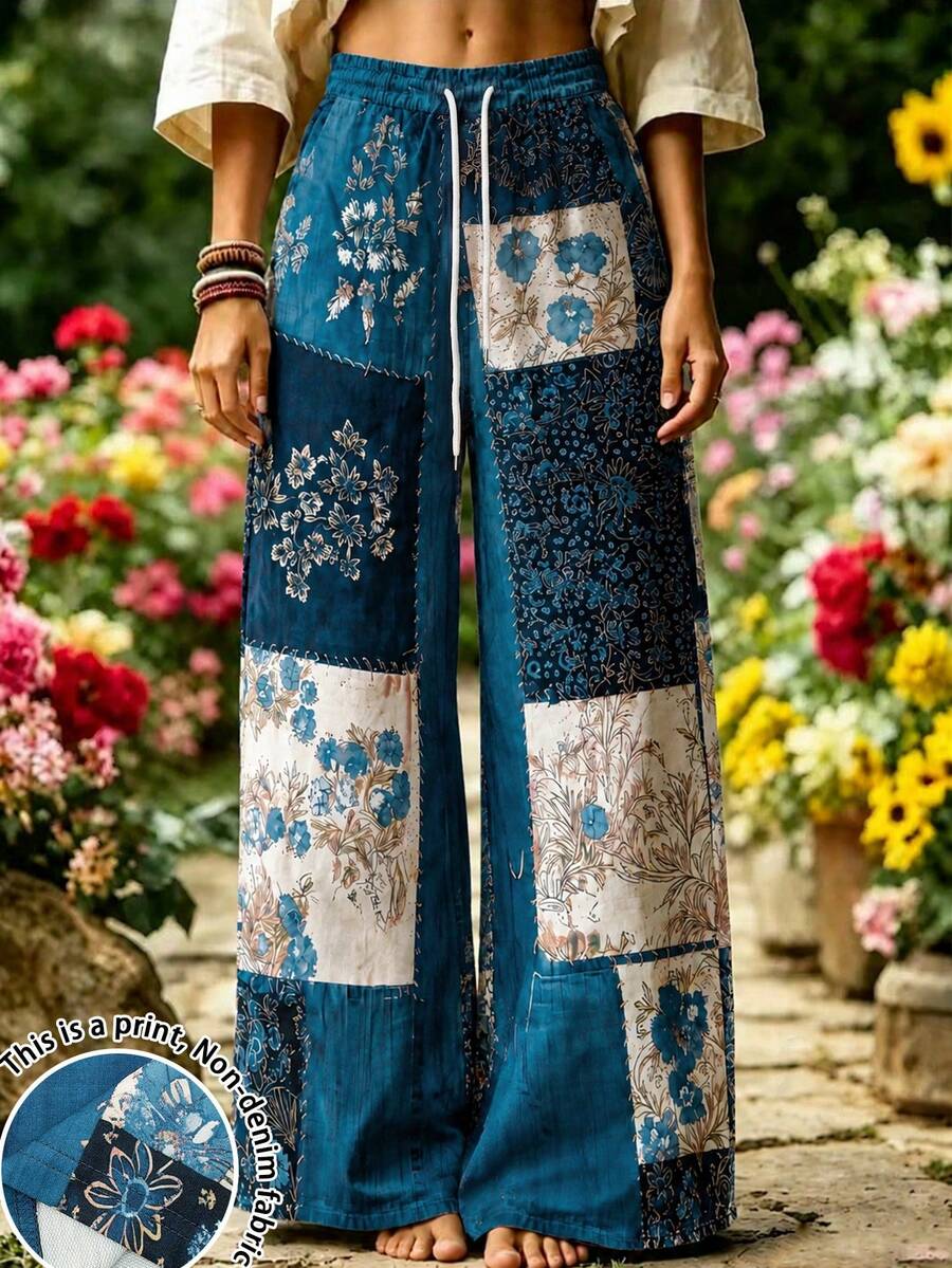 Selamara Women's Blue Wide-Leg Jeans With Denim Effect Print – Casual, Versatile, Bohemian Style - Multicolor - View 1