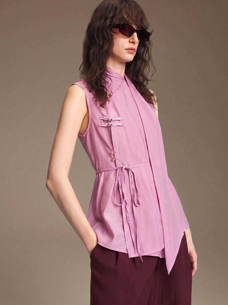 Ontre Women's Floral Pink Small Stand Collar Slim Fit Chinese Style Frog Button Modern Urban Business Casual Office Brunch Tea Party Top Summer Elegant - Pink - View 1