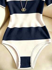 SHEIN Franclia Women's Striped Round Neck Button Decor Short Sleeve Bodysuit - Royal Blue - View 5