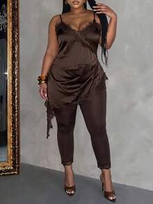 Slaydiva Early Autumn, Summer New Style Solid Brown Spaghetti Strap Low Neckline Lace Patchwork Asymmetrical Hem Long Camisole Top And Slim Fit Cropped Leggings, Sexy Elegant, Sexy Party, Wedding Season, Graduation Season, Best Friend Outing, Music Festival, Elegant Gathering, Date, Cocktail Party, Birthday Party, Bar And Other Occasions-A - Brown - View 5