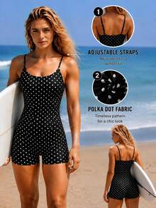 Swim SPRTY 2026 New Year New Style Summer Women's Surfing One-Piece Swimsuit With Adjustable Straps, Personalized Fashion Black And White Polka Dot Pattern, Beach Pool Party Vacation, Spring Summer - Black and White - View 1