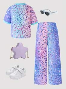 SHEIN 女童彩虹豹紋休閒簡約短袖寬鬆T恤與長褲兩件套，適合秋季日常穿著，時尚風格 - 彩色 - 查看 4