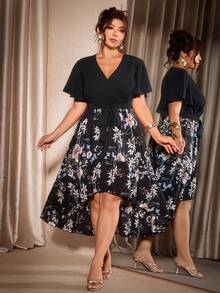 Cravure Plus Size Women's V-Neck Short Hem Asymmetrical Print Dress Wedding Theme Party Guest Evening Formal Black Summer Elegant Celestial - Black - View 1