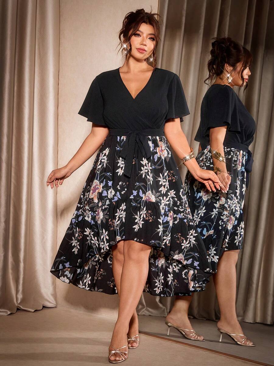 Cravure Plus Size Women's V-Neck Short Hem Asymmetrical Print Dress Wedding Theme Party Guest Evening Formal Black Summer Elegant Celestial - Black - View 1