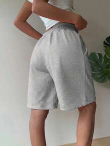 SHEIN EZwear 女士休闲灰色针织阔腿百慕大短裤，带口袋 - 灰色 - 查看 2