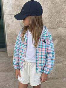 SHEIN Elladie kids 女童清新彩色小格紋連帽拉鍊夾克，時尚馬術圖標，適合兒童日常休閒運動戶外可愛穿搭 - 藍色 - 查看 3