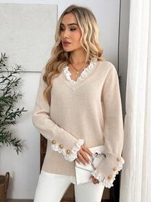 EMERY ROSE Crew Neck Casual Autumn/Winter Contrast Lace Elegant Sweater - Khaki - View 5