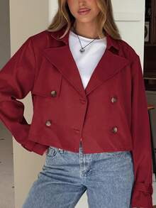 SHEIN EZwear Women's Apricot Solid Color Double-Breasted Cropped Jacket In Fall/Winter - Red - View 6