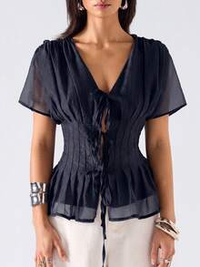 SHEIN EZwear 春夏純色領口百褶休閒浪漫優雅性感百搭日常短袖大尺碼襯衫 早午餐約會之夜 海軍藍 - 藏蓝色 - 查看 3