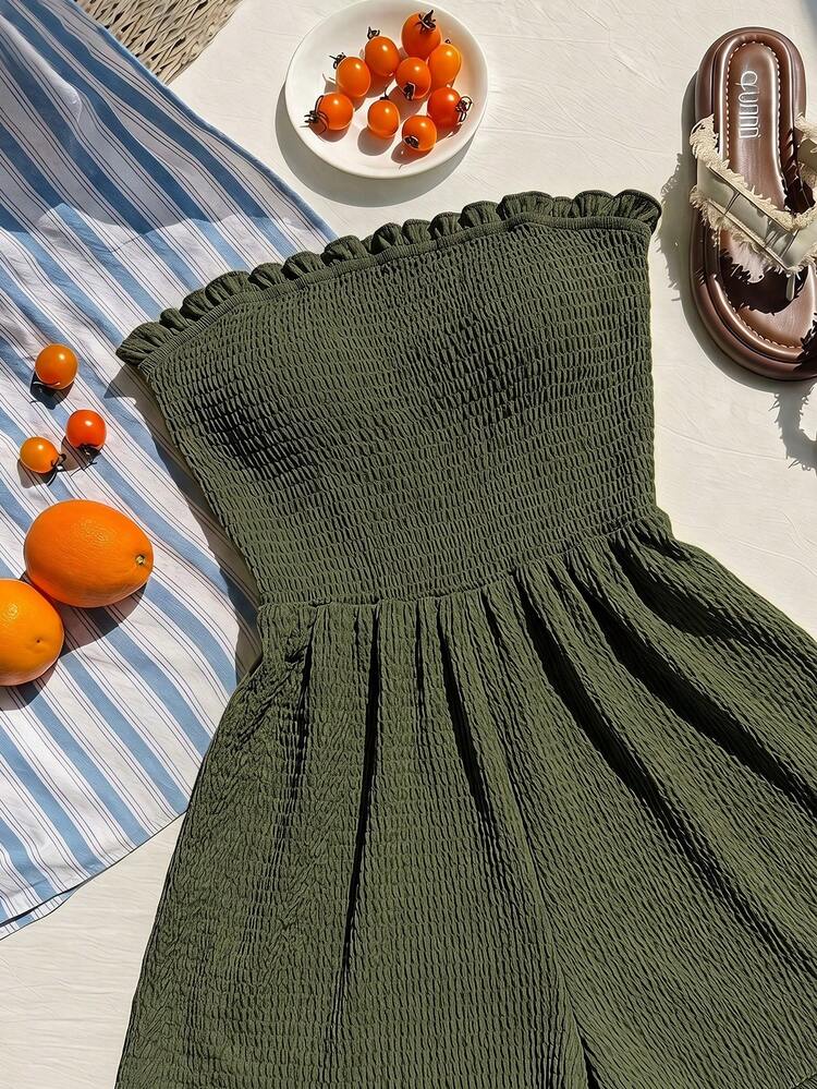 Comfortcana Women's Plus Size Summer Dark Green Casual Traditional Cowboy Solid Color Frill Trim Bandeau Style Romper Vacation Formal Beach - Army Green - View 5