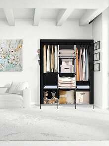 1 buah Rak Penyimpanan Lemari Pakaian Portabel - Mudah Dirakit, Kapasitas Besar, Rangka Logam, Rak Kain Non-Anyaman, Desain Minimalis Hitam, Cocok untuk Penyimpanan Kamar Tidur dan Lorong | Lemari Pakaian Modern | Lemari Pakaian Rangka Logam - Beraneka warna - View 4