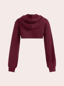 SHEIN EZwear 落肩拉鍊超短抽繩連帽衛衣，不含內搭背心，秋冬款 - 酒紅色 - 查看 2