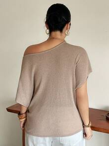 Dazy Plus Plus Size Solid Color Loose Cold Shoulder Short Sleeve Casual Vacation Spring/Autumn Lightweight Knit Top - Khaki - View 7