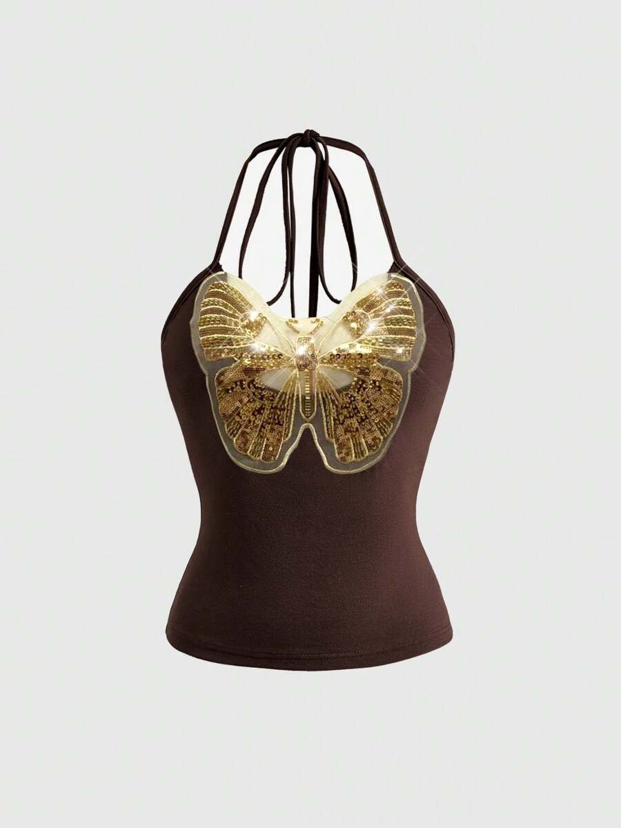 ROMWE Hippie Y2K Women's Vintage Butterfly Sequin Mesh Design Halter Neck Ruched Tank Top - Brown - View 1