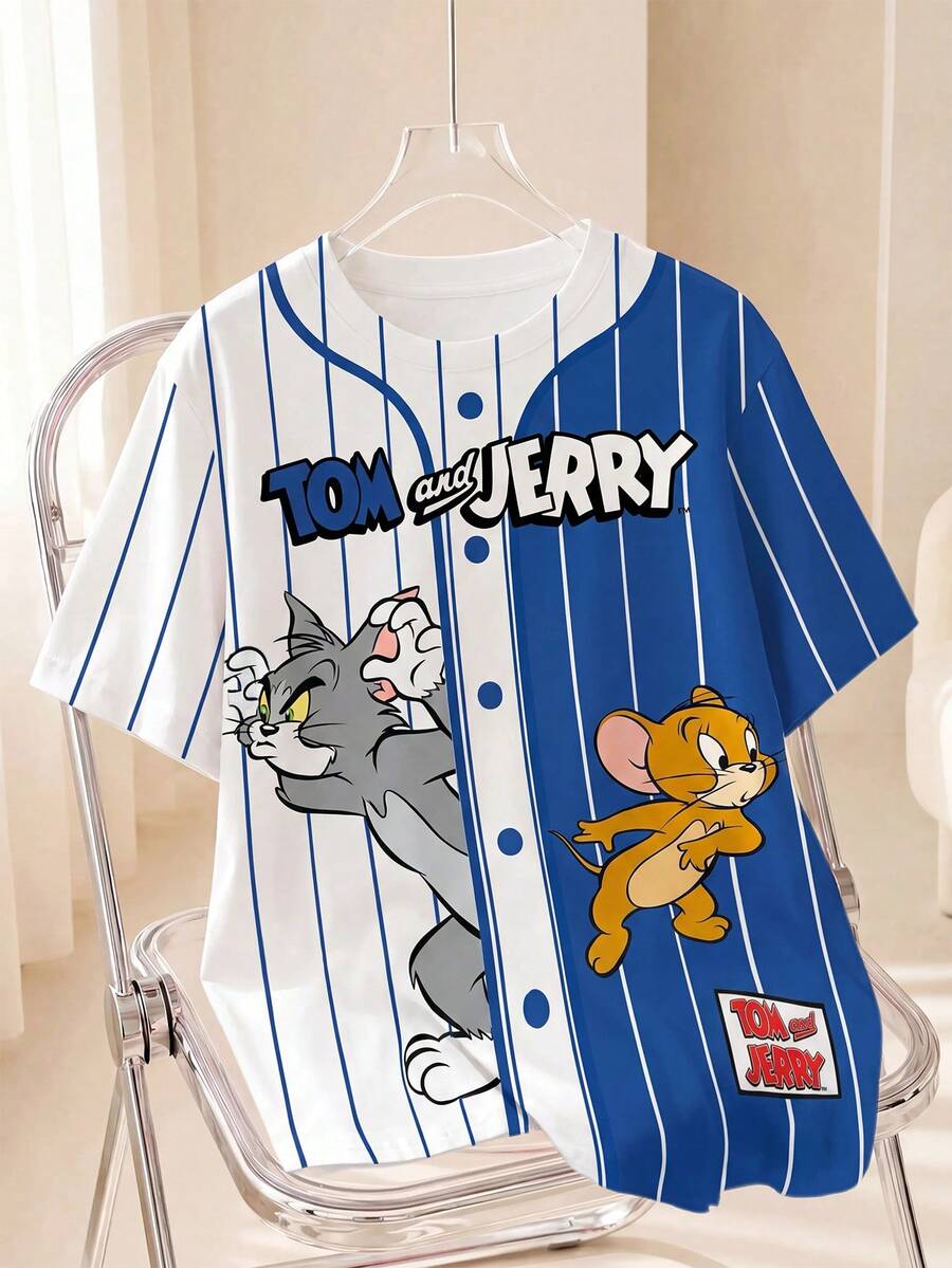 TOM & JERRY X SHEIN 男士卡通印花宽松休闲短袖T恤 - 白色 - 查看 1