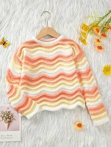 SHEIN Genkimix Kids Suéter ligero y lindo con patrón de ondas degradadas para niñas - Multicolor - Ver 3