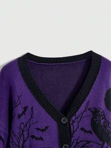 ROMWE Cardigan Ukuran Plus Motif Halloween Gothic Horor Gagak Kelelawar Bulan Kuburan Ranting Tanaman Bagian Depan Terbuka Longgar Bahu Jatuh Warna Kontras - Purple - View 3