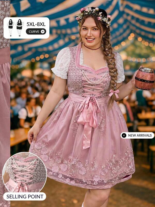 SHEIN CURVE+ Plus Size Elegant Vintage Lace Patchwork Sleeveless Dress, Germany, Oktoberfest, Traditional Dress, Dress, Wedding Guest Dress
