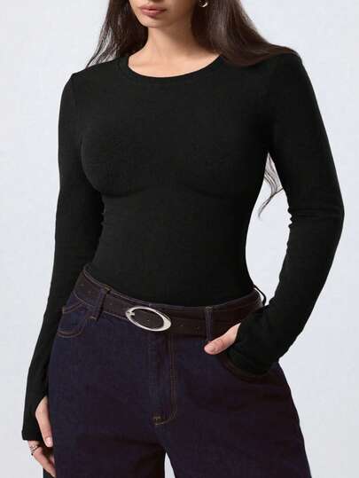 LYSMO Plus Size Women's Autumn/Winter Black Warm Extra Long Sleeve T-Shirt