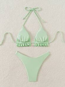 Swim Mod Women Solid Color Bikini Set With Ruffled Straps And Sexy Bandeau Top, Wireless, Summer Beach - Mint Green - View 2