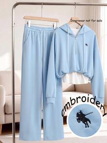 GlowEve CURVE Plus Size Embroidered Casual Hoodie & Sweatpants 2 Pieces Set, Autumn/Winter - Blue - View 1