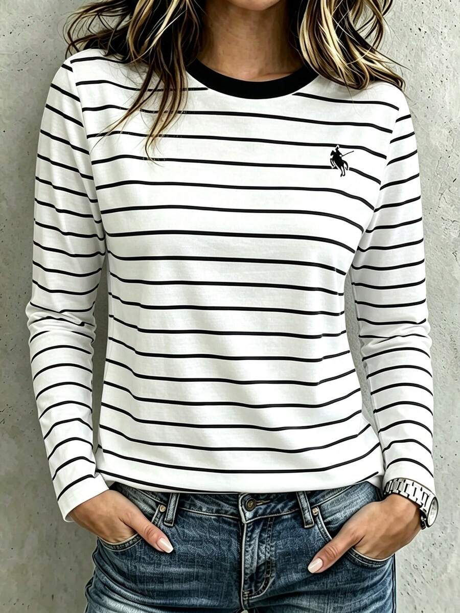EMERY ROSE Striped Horse Print T-Shirt, Fashionable Minimalist Contrast Collar Casual T-Shirt, Suitable For Commuting Women, Spring/Summer White - Multicolor - View 1