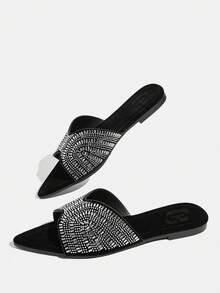 CUCCOO TILAWA New Outdoor Women's Flat Sandals, Black Slippers With Pointed Design And Colorful Sequins, Soft And Comfortable Soles, Suitable For Casual Gatherings - Black (White Diamond) - View 8
