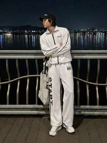 DAZY Spring/Autumn White Side-Seam Contrast Tape Letter Print Pants Elastic Waist Men's Jacket Set - White - View 6