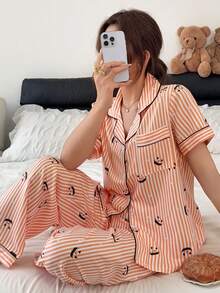 Napfluff Halloween Funny Pumpkin Print Striped Loungewear Set, Comfortable Lapel Short Sleeve 2 Pieces Set - Coral Orange - View 4