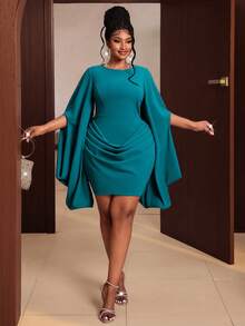 Maweii Gaun Pesta Kasual Lipit Warna Polos untuk Wanita Ukuran Plus - Teal Blue - View 3