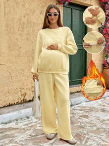 Lyckli Maternity Letter Print Long Sleeve Top And Adjustable Waist Long Pants Casual Daily 2 Pieces Set Fall - Yellow - View 4
