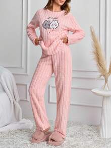 SHEIN Pink Ribbed Fuzzy Plush Cute Cartoon Cloud Embroidery Cozy Winter Homewear Pajama Set - Pink - View 4