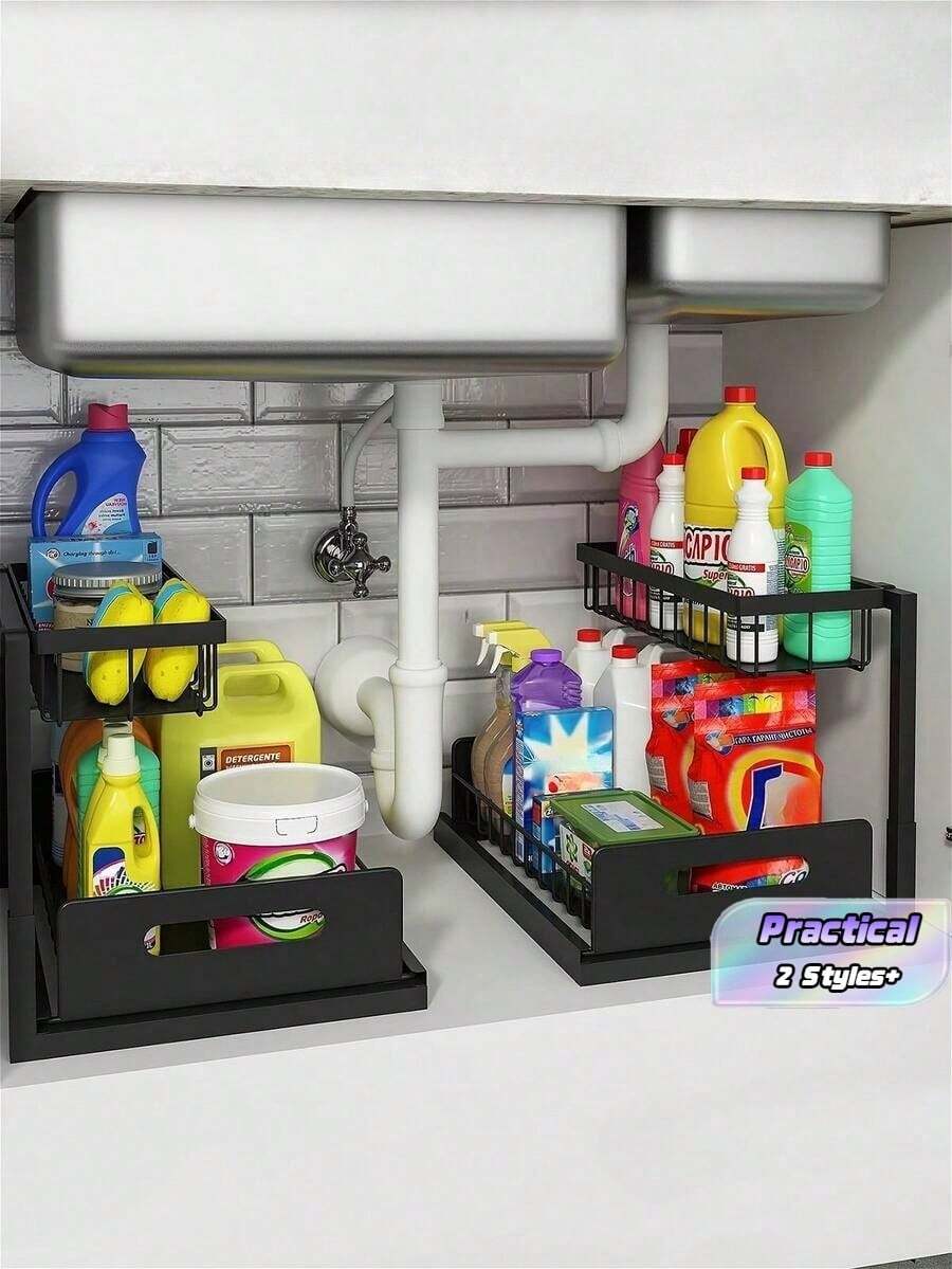 1 Buah Rak Penyimpanan Geser 2 Tingkat, Rak Penyimpanan 2 Tingkat di Bawah Mesin Cuci Piring, Lemari Geser untuk Dapur, Kamar Mandi, Lemari Pakaian, Lemari Penyimpanan, Pengorganisasian Penyimpanan Multifungsi untuk Dapur dan Kamar Mandi - MultiWarna - View 1