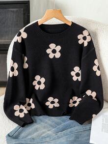 SHEIN 青少年女孩花卉圖案休閒日常長袖針織衫 - 黑色 - 查看 1