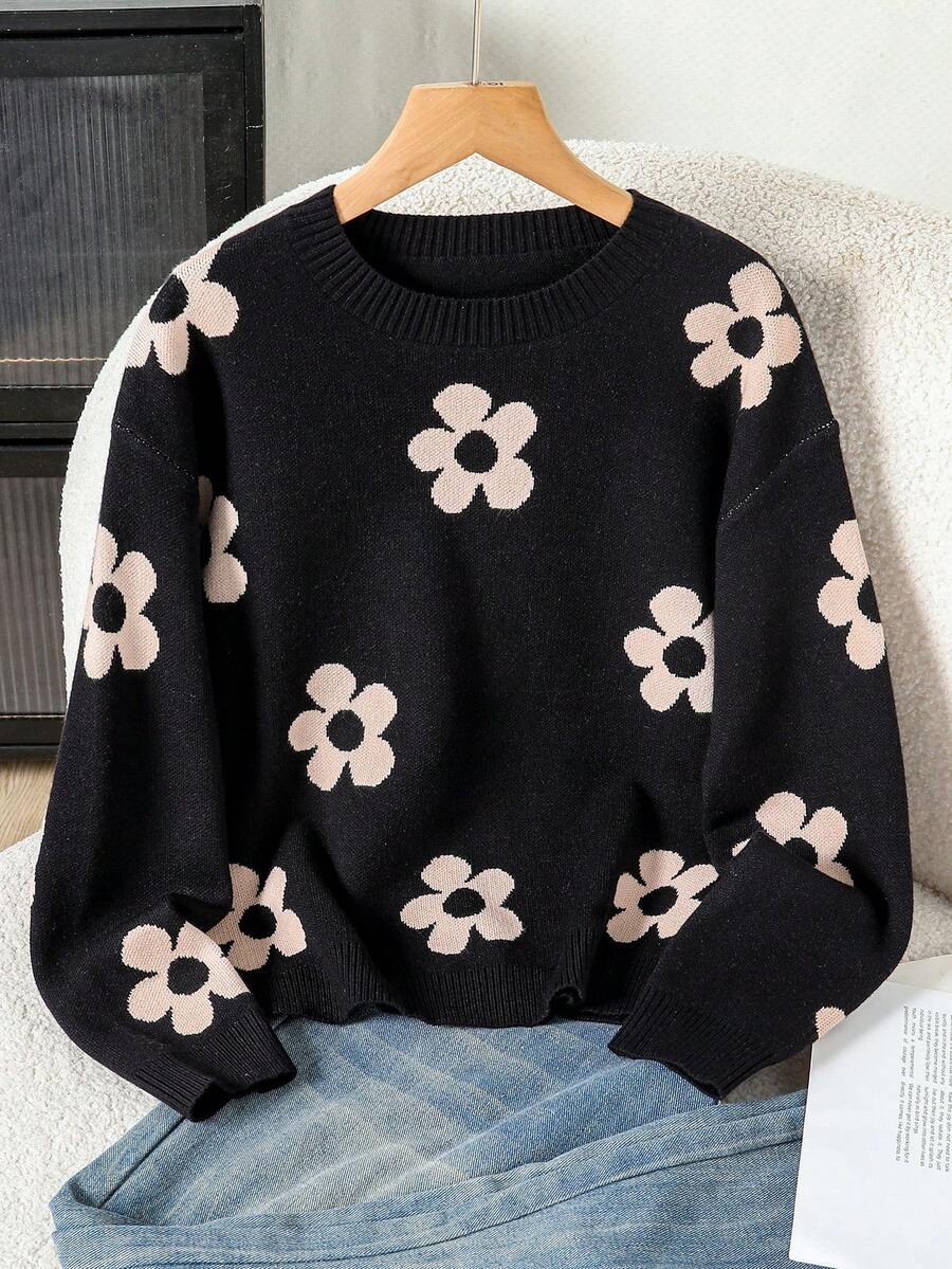 SHEIN 青少年女孩花卉圖案休閒日常長袖針織衫 - 黑色 - 查看 1