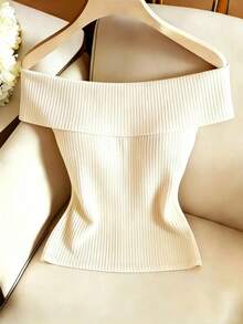 SHEIN Franclia Elegant Off-Shoulder Knot Design Women's T-Shirt, Ribbed Texture Fabric Apricot Color Women's Top - Apricot - View 2