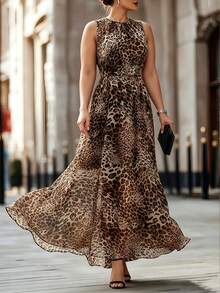 Velvienne Gaun Musim Panas Tanpa Lengan Motif Leopard Bahan Chiffon Leher Bulat, Garis Leher dengan Detail Lipatan Halus untuk Melembutkan Garis Bahu dan Memperindah Garis Leher, Kain Chiffon Ringan dan Lembut, Gaun Ukuran Besar - Coffee Brown - View 1