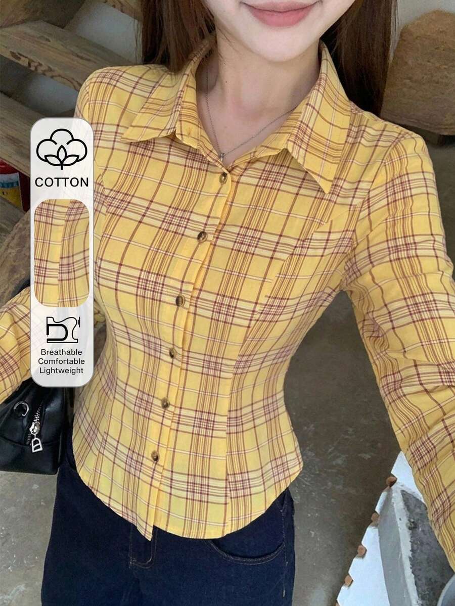 DAZY Women's Plaid Fitted Waist Short Sleeve Collared Casual Vacation Summer Blouse Shirt - Yellow - View 1