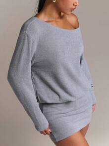 SHEIN BAE Women's Vacation Asymmetrical Neck Fashion Long Sleeve Sexy Dress - Light Grey - View 7