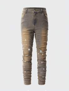 ROMWE MEN Men's Rhinestone Distressed Casual Denim Jeans - Ginger - View 2