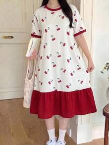 青少年女孩休閒可愛簡約短袖中長洋裝，適合春夏，瓶女正式白色 - 彩色 - 查看 3
