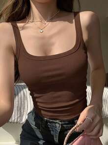 Livesso 女款純色休閒商務細肩帶背心，夏季學院風上衣，日常白天穿著，棕色 - 咖啡棕 - 查看 9