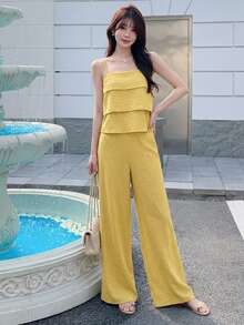 Livesso Women's 2 Pieces Summer Holiday Set With Yellow Ruffle Camisole Top And Casual Long Pants Thin Clothing - Yellow - View 4